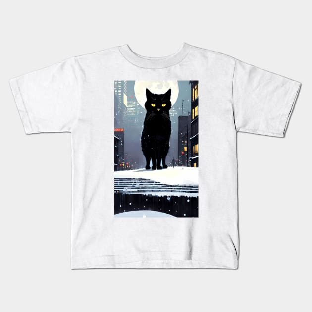 Black yule Cat at night 5 Kids T-Shirt by PsychicLove